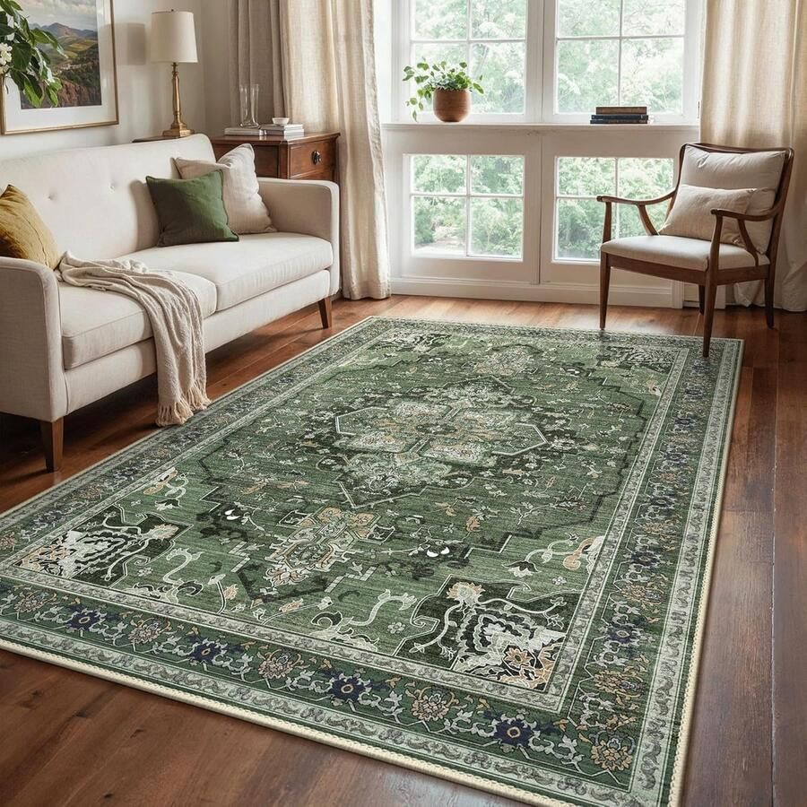 Wasbaar Vloerkleed Vintage Antislip Tapijt voor Woonkamers Slaapkamers en Keukens Bosgroen 160x230CM