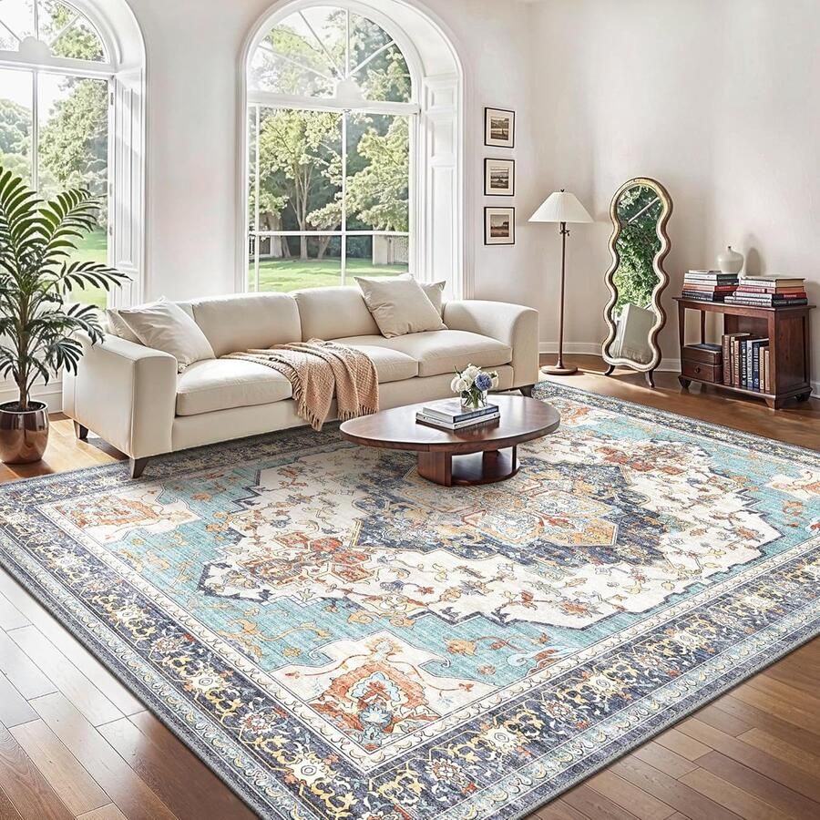 Wasbaar Vloerkleed Vintage Antislip Tapijt voor de Woonkamer Slaapkamer of Keuken Cyaanblauw 160x230CM