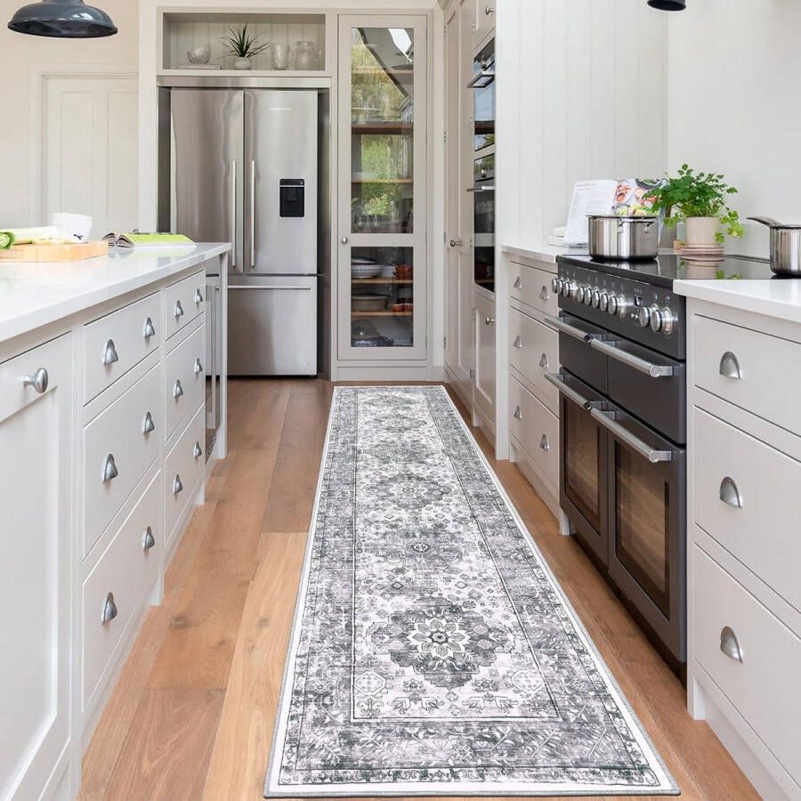 Wasbaar vloerkleed voor hal 60 x 240 cm grijs extra lange gangloper smalle tapijten zacht traditioneel vintage laagpolig lang vloerkleed voor entree slaapkamer badkamer