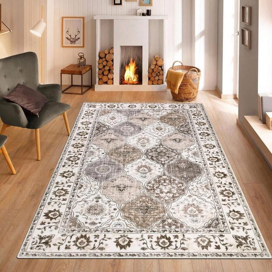 Wasbare antislip vloerkleden voor woonkamer slaapkamer pluizig laagpolig vintage oosters boho-tapijt bruin - Foto 2