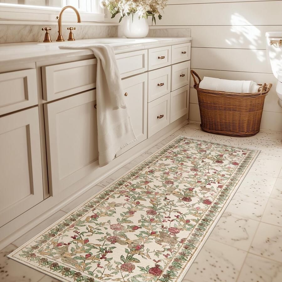 Topick Bloemenloper Hal Wasbaar Keukenloper Korte Pool Vintage Rood-Groen Romantisch Tapijt 60x180cm Antibacterieel Opvouwbaar Antislip Dun Tapijt voor Bruggen Slaapkamer Woonkamer Gang