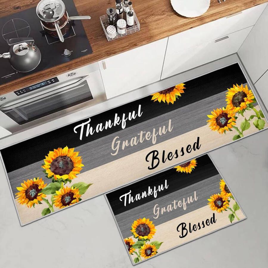 Washable Keukenmatten set van 2 stuks water- en olieabsorberend voor keuken wasserij woonkamer (zonnebloem 40 x 120 cm + 40 x 60 cm)