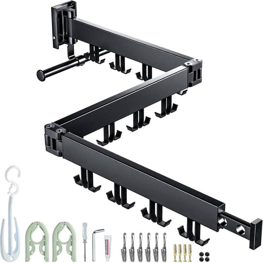 Waslijn Uitschuifbare muur Kledingdroger Wandgemonteerd Opvouwbaar met sokclips en kleerhangerstang Ruimtebesparend Uitschuifbaar kledingrek voor balkon Slaapkamer wasruimte (zwart)