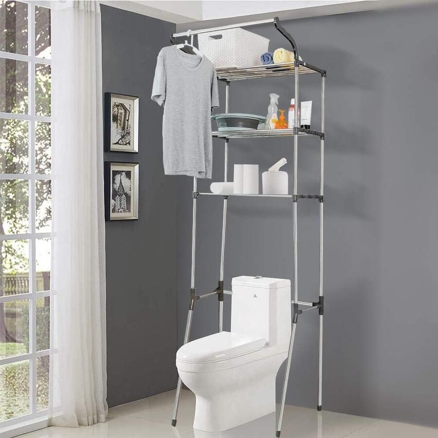 Wasmachine-opzetplank toiletplank badkameropbergplank ruimtebesparend metalen badkamerplank met 3 planken en ophangstang eenvoudige montage 68 x 49 5 x 210 cm grijs