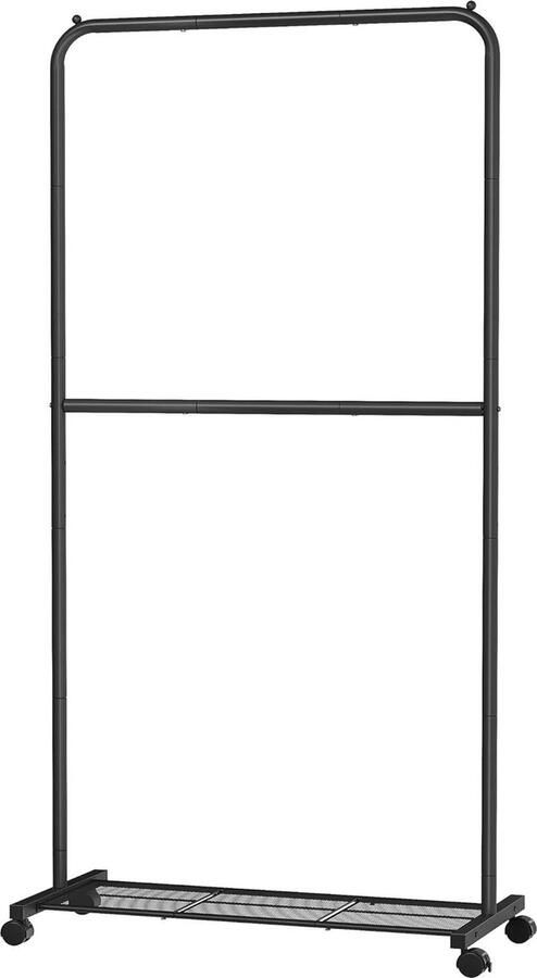 Kledingrek met dubbele stang en opbergplank metalen kledingstang voor slaapkamer 91 cm 2 afsluitbare wielen tot 20 kg zwart