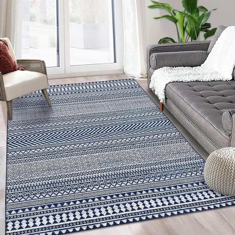 Waterbestendig vintage vloerkleed machinewasbaar antislip laagpolig tapijt slaapkamer woonkamer marineblauw 120 x 170 cm