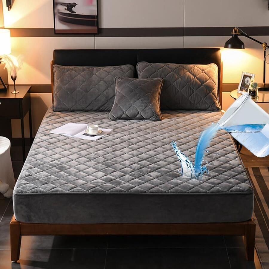 Furnibella Waterdicht Hoeslaken 180x200 cm Grijs Superzacht 3D-Flanel met Gewatteerde Katoenen Vulling Verdikte Matrasbeschermer voor Matrassen tot 30 cm Hoog