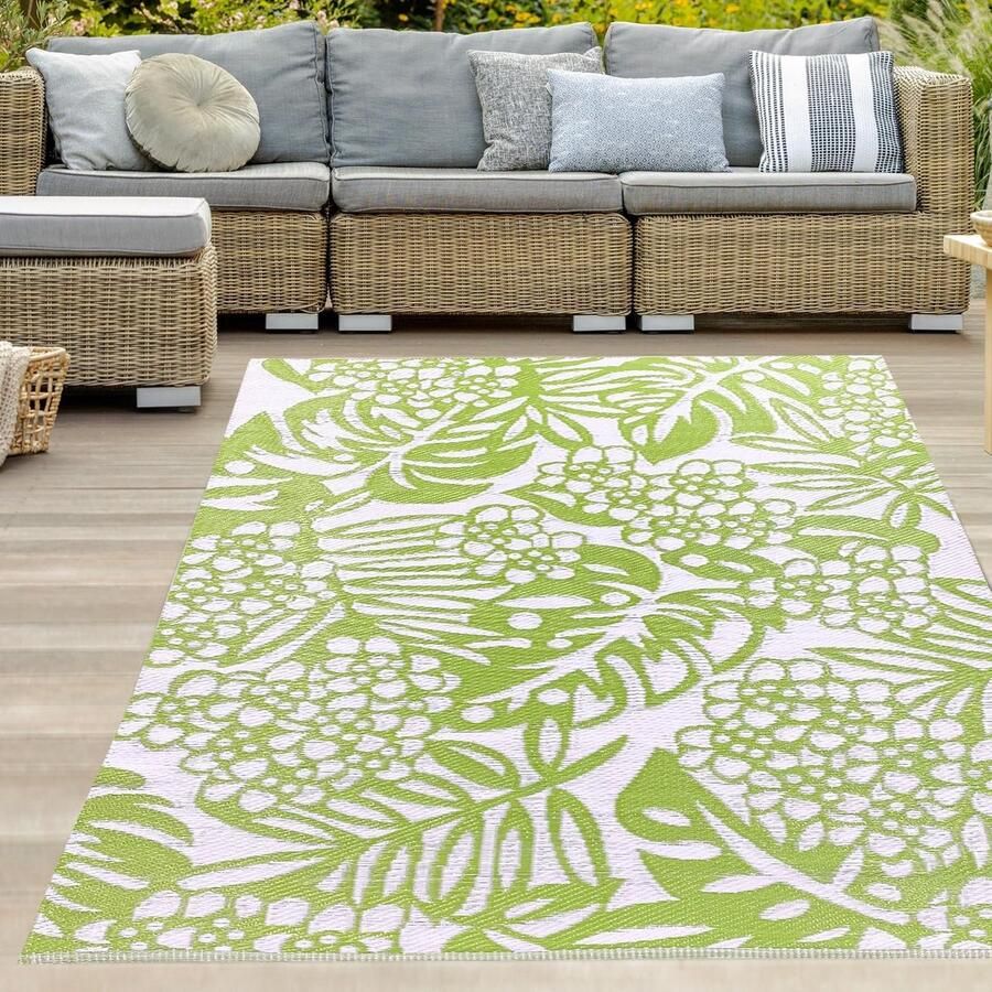 Waterdicht outdoor tapijt weerbestendig kunststof tuintapijt campingmat picknick bladerdesign lichtgroen 120 x 170 cm