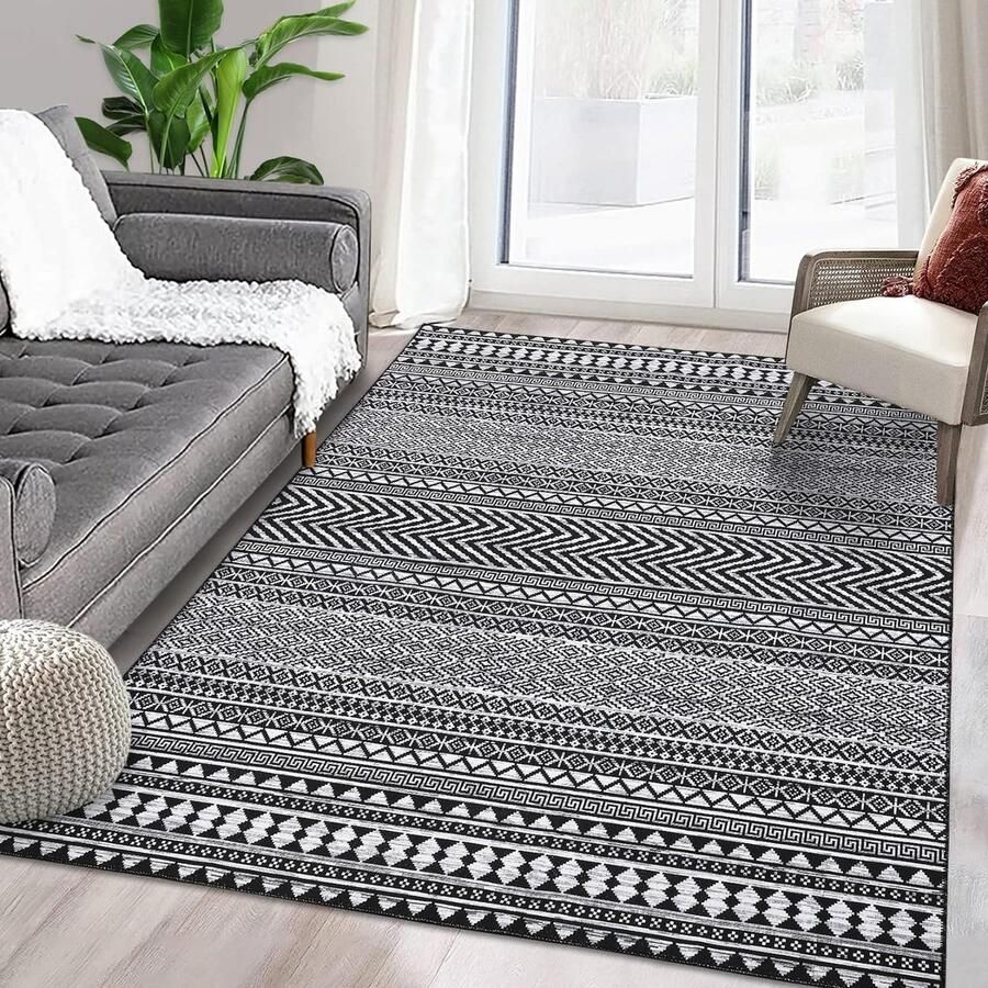 Waterdicht vloerkleed laagpolig Marokkaans Boho Home Deco vloerkleed wasbaar olie- en vuilbestendig voor woonkamer slaapkamer eetkamer antisliptapijt 160 x 230 cm zwart