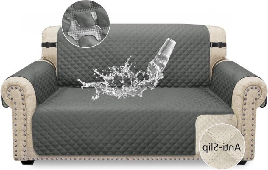 Waterdichte 2-zits bankovertrek antislip met elastische riemen wasbaar bankbescherming voor kinderen huisdieren honden katten grijs