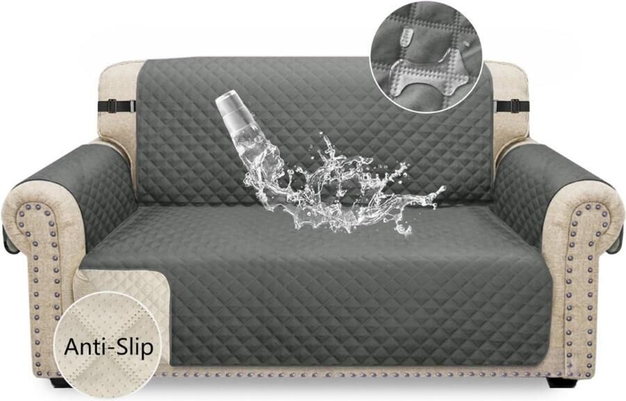 Waterdichte 2-zits bankovertrek antislip met elastische riemen wasbaar bankbescherming voor kinderen huisdieren honden katten grijs