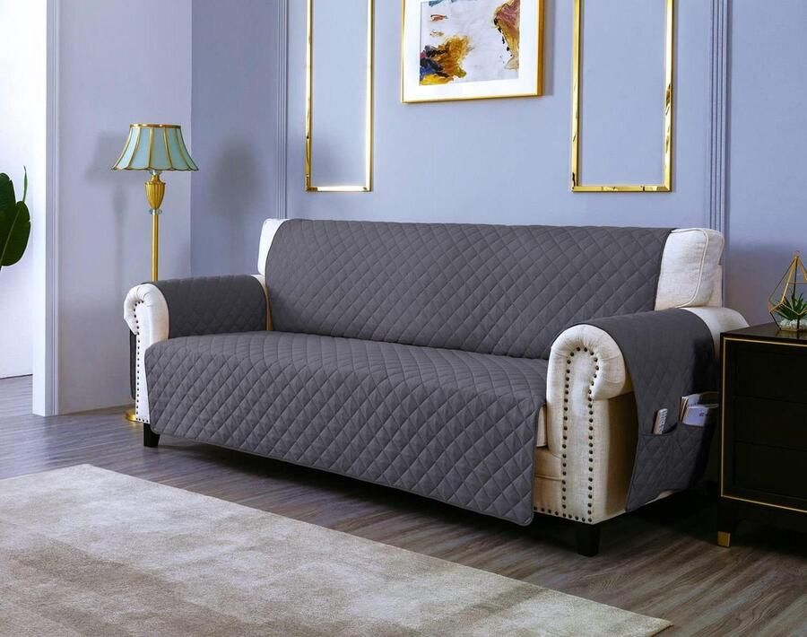 Waterdichte Bankhoes met Opbergvakken en Gequilte Gevoerde Antikras Bescherming 3 Zitplaatsen (170 CM) Crèmewit Donkergrijs