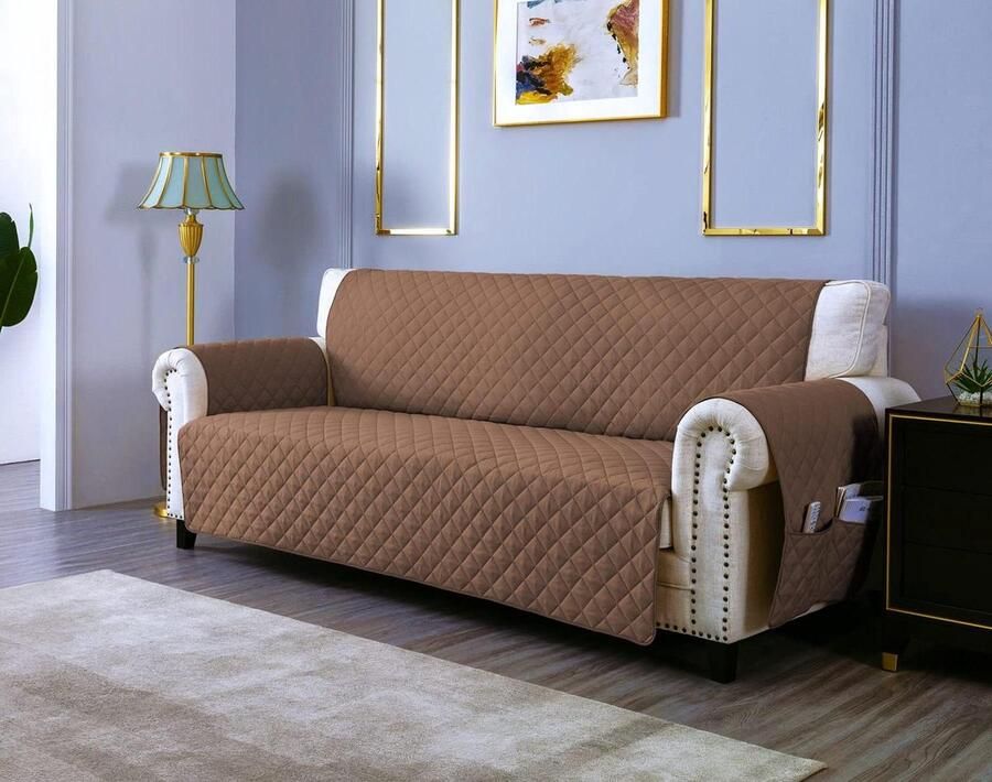 Waterdichte Bankhoes met Opbergvakken Antikras 3-Zitplaatsen Crèmewit en Lichtbruin Gequilte Voering