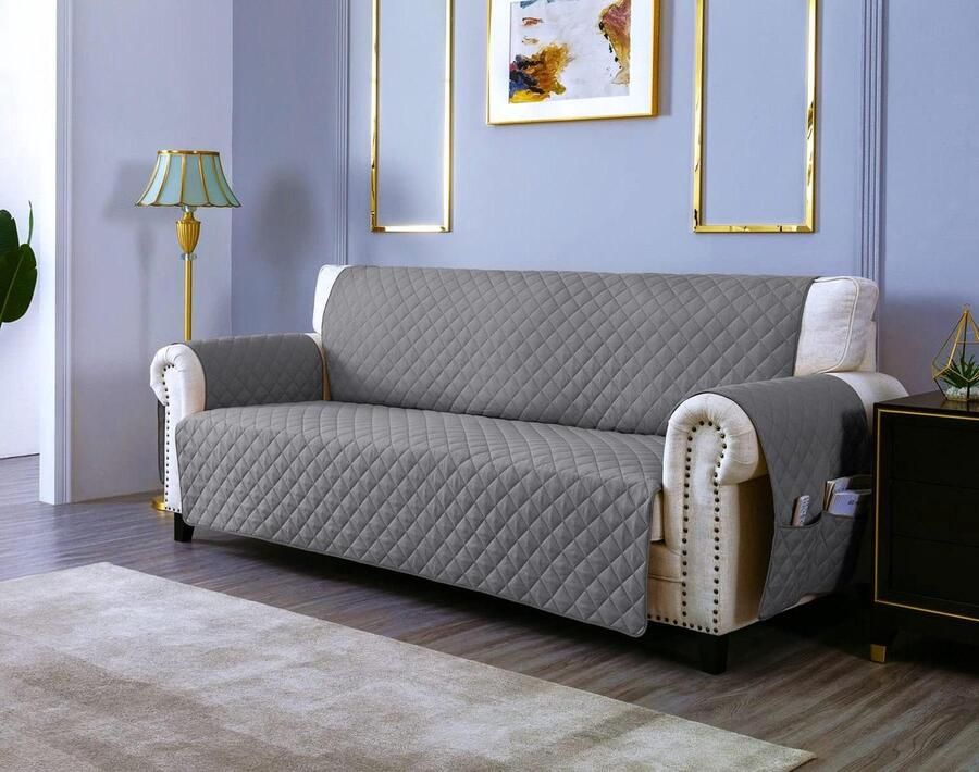 Waterdichte bankhoes met opbergvakken functioneel en stijlvol 1 stuk Lichtgrijs Gequilte antikras stof 170 cm