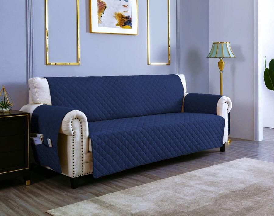 Waterdichte bankhoes voor 3-zitsbanken 170 cm Omkeerbare zetelbeschermer met kussen in blauw