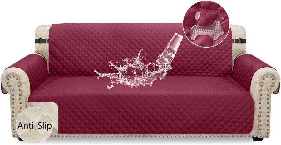 Waterdichte bankovertrek 3-zits antislip bankovertrek met elastische riemen wasbare bankbescherming voor kinderen huisdieren honden en katten 3-zits wijnrood
