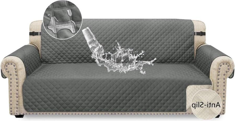 Waterdichte Bankovertrek 3-zits Antislip Grijs Elastische riem Wasbare Bankbescherming voor Kinderen Huisdieren Honden en Katten