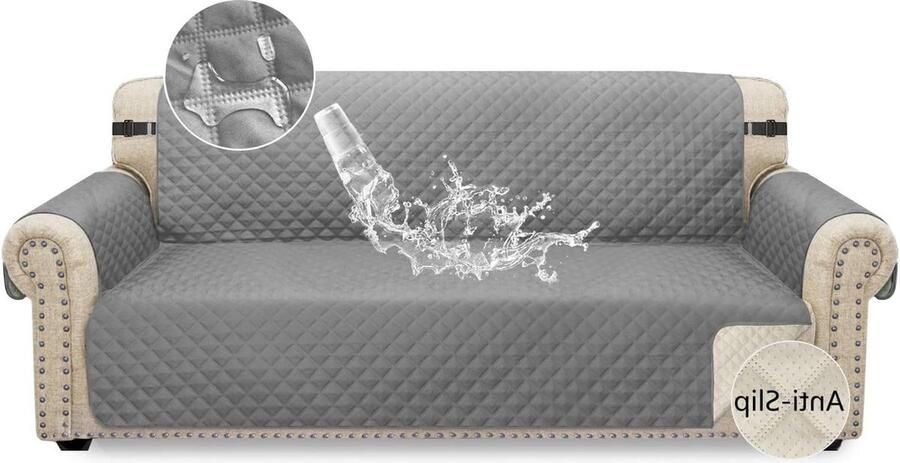 Waterdichte bankovertrek 3-zits antislip met elastische riem wasbaar bankbescherming voor kinderen huisdieren lichtgrijs