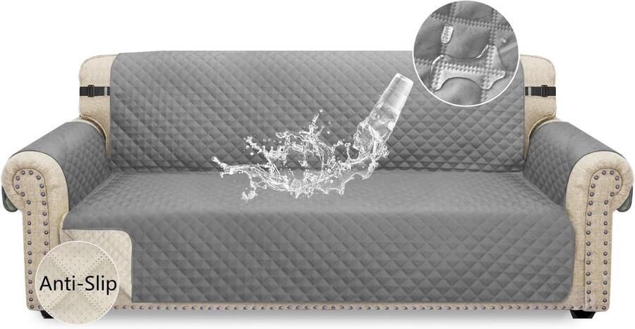 Waterdichte bankovertrek voor 3-zits sofa antislip met elastische riem wasbare bescherming voor huisdieren en kinderen lichtgrijs