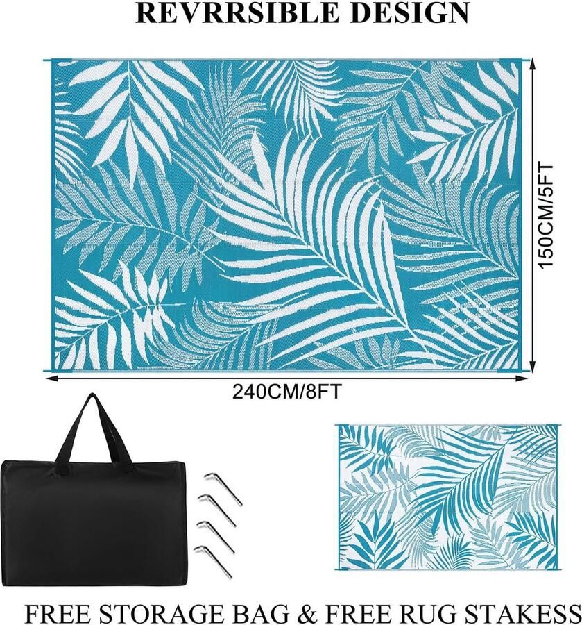 Waterdichte buitentapijten voor terrassen 150 x 240 cm omkeerbaar plastic strotapijt tuintapijt UV-bestendig voor achtertuin terras strand picknick balkon veranda (blauw en groen)