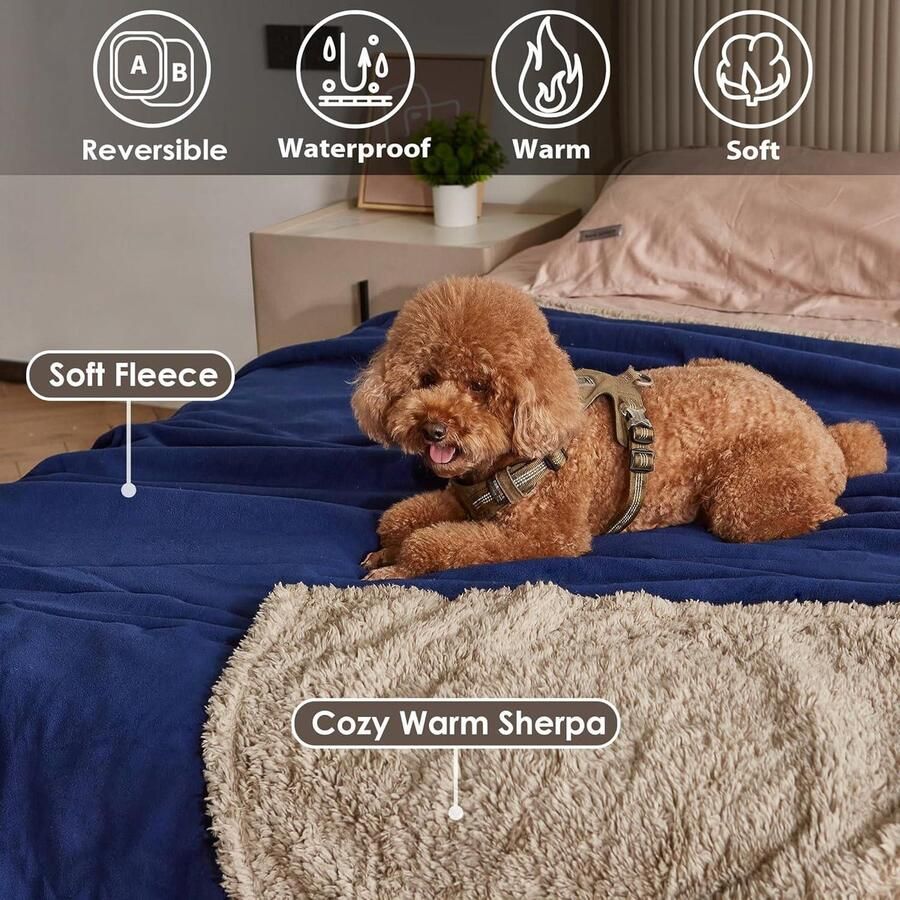 Waterdichte deken sprei voor bed bankbeschermer waterafstotend woonkamer fleece sherpa-deken 152 x 127 cm donkerblauw taupe