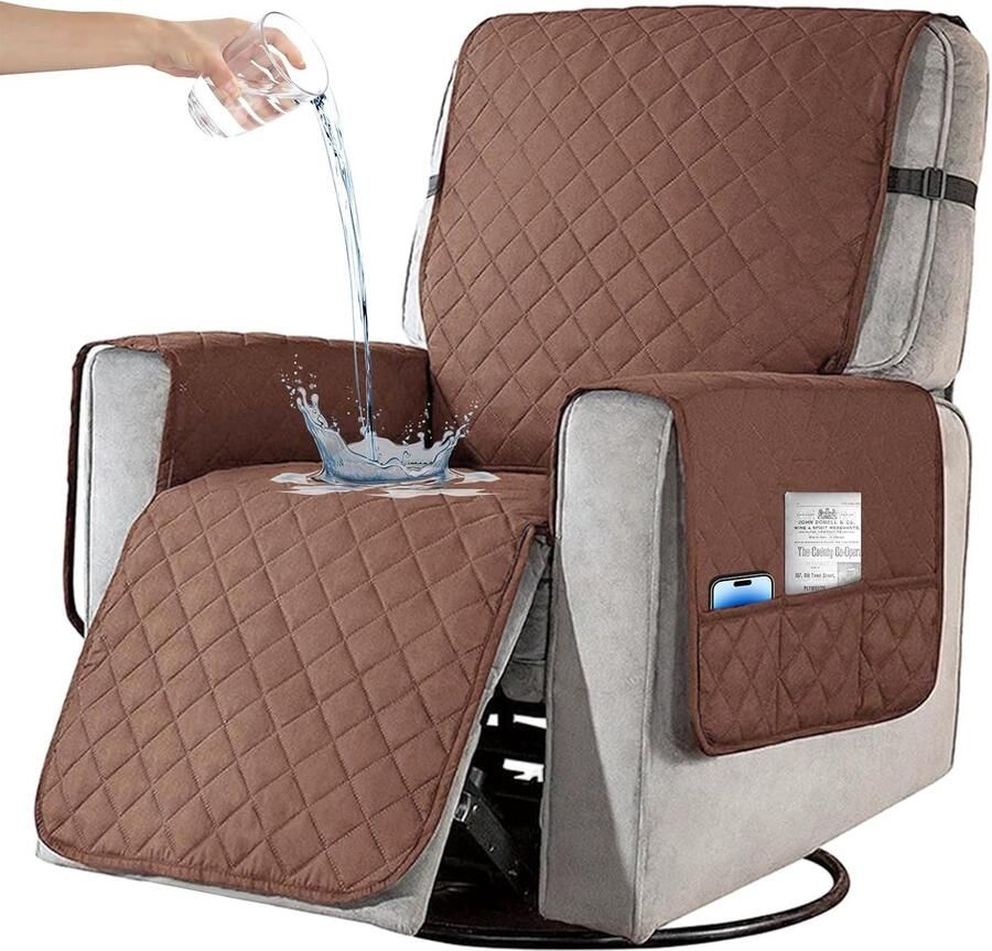 Hoes voor fauteuilstoel met zijzakken waterdicht donkerbruin met 1 elastische bandjes wasbaar antislip beschermer voor gezinnen huisdieren kinderen