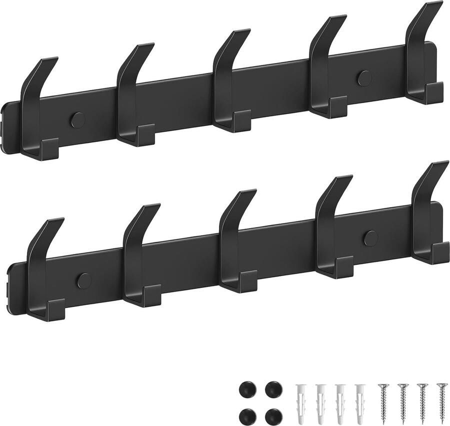 Moderne Wandkapstok met 5 Haken 2 Stuks Zwart Kledinghaken voor Hal en Slaapkamer