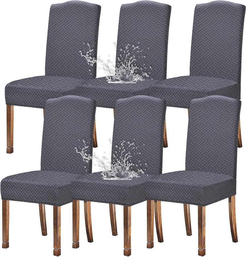 Waterdichte jacquard stretch-eetkamerstoelhoezen met lang rooster Grijs Set van 6 Stoelhoezen
