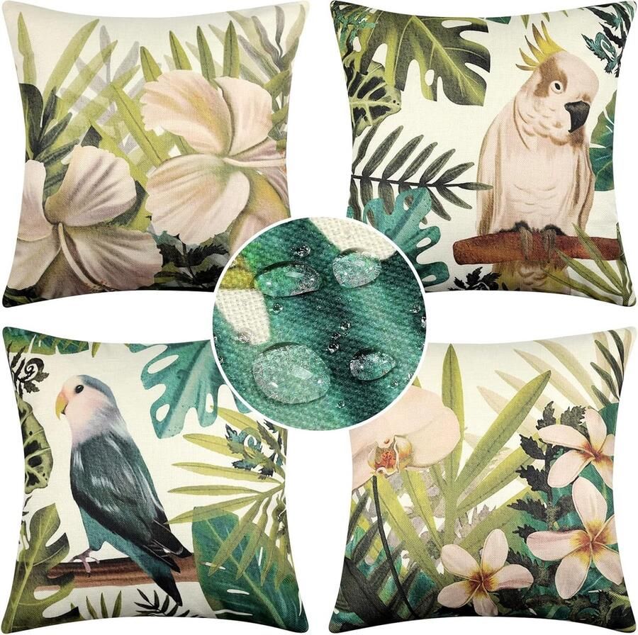 Waterdichte kussenhoezen 45 x 45 cm tropische regenwoud groene plant bloem jungle papegaai vogel decoratieve kussenhoezen van linnen vierkant voor bank auto decoratie set van 4