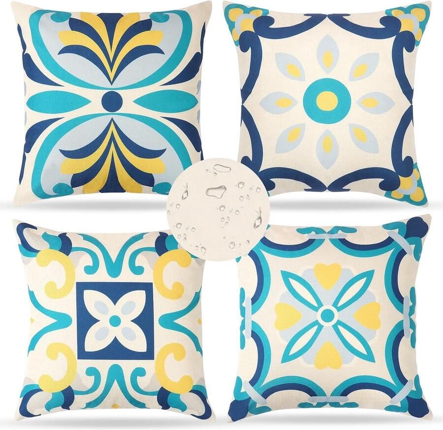 Waterdichte kussenhoezen set van 4 stuks boho abstract bankkussen sierkussen blauw bloemenprint kussenovertrek voor bank bed auto tuin balkon blauwe geometrie 45 x 45 cm