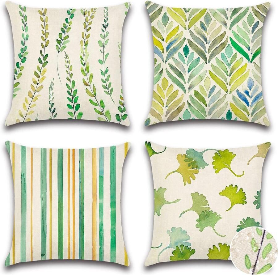 Waterdichte kussensloop 45 x 45 cm set van 4 decoratieve kussenhoezen voor buiten bankkussen sierkussenhoezen voor bank woonkamer balkon tuin auto (verse bladeren)