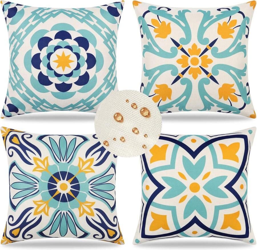 Waterdichte kussenslopen voor buiten 45 x 45 cm set van 4 kussenslopen met bloemenprint boho boerderij decoratieve kussenslopen voor terras bank balkon tuin