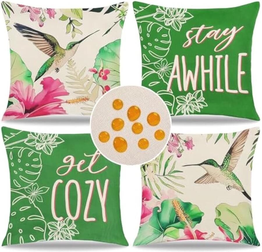 Waterdichte kussenslopen voor buiten 45 x 45 cm set van 4 kussenslopen met geranium bloem kolibrie print boerderij boho decoratieve kussenslopen voor terras bank tuin balkon (groen)