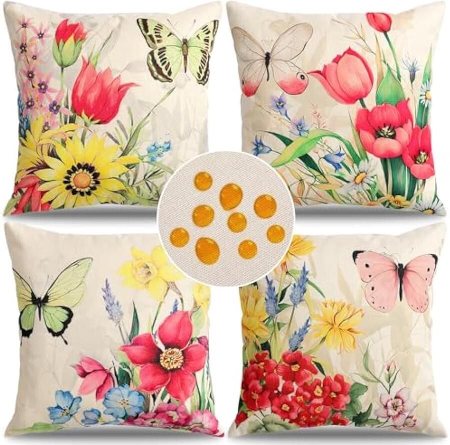 Waterdichte kussenslopen voor buiten 45 x 45 cm set van 4 met bloemen en vlinders bedrukte kussenslopen boerderij boho decoratieve kussenslopen voor terras bank tuin balkon