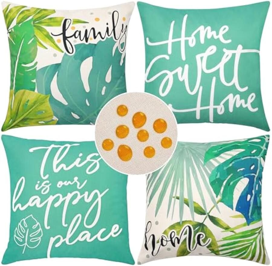 Waterdichte kussenslopen voor buiten 45 x 45 cm set van 4 tropische planten en letters bedrukte kussenslopen boerderij boho decoratieve kussenslopen voor terras bank tuin balkon (groen