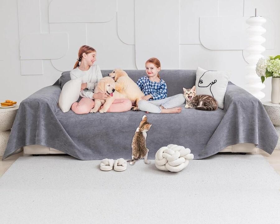 Waterdichte Sofa Cover Grijs 380 x 180 cm Kat Krab Bescherming 3 Zits Waterafstotend Antislip Bankhoes