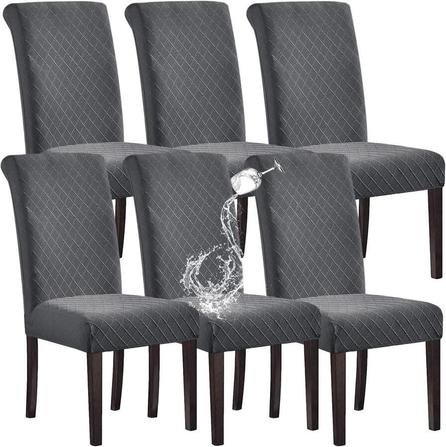 Waterdichte Stoelhoezen voor Eetkamer Stretch Jacquard Hoes Set van 6 (Donkergrijs)