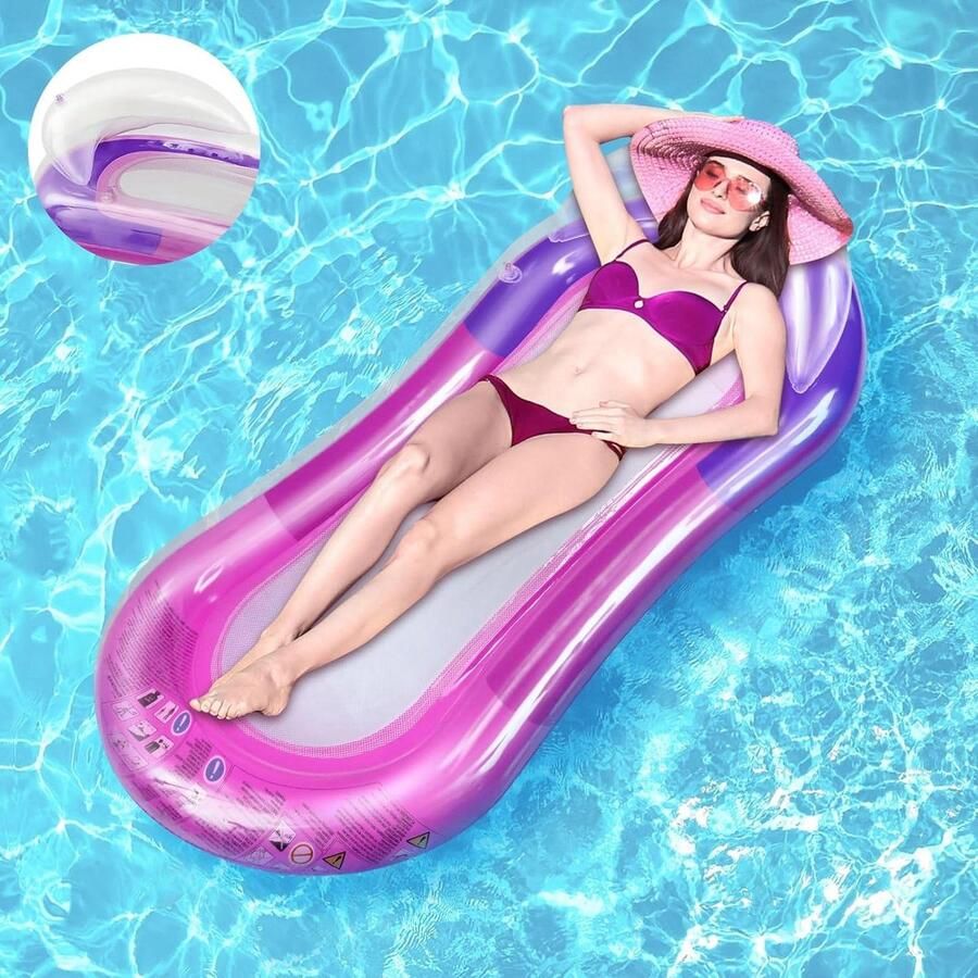 Waterhangmat met hoofdsteun en mesh Opblaasbaar luchtmatras voor water Zwembadspeelgoed voor strand feest Paars Waterhangmat