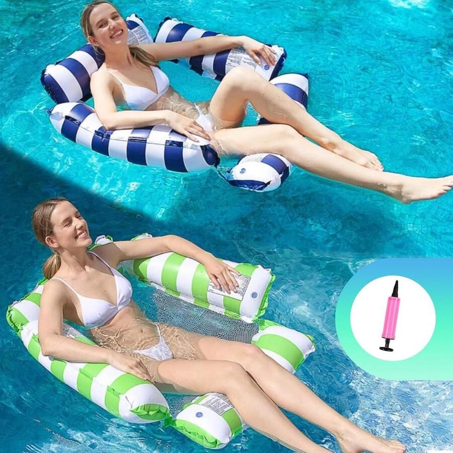 Waterhangmat voor zwembad en stoel 2 stuks opblaasbaar inklapbaar luchtbed 4-in-1 waterspeelgoed met infloatorpomp Waterhangmat