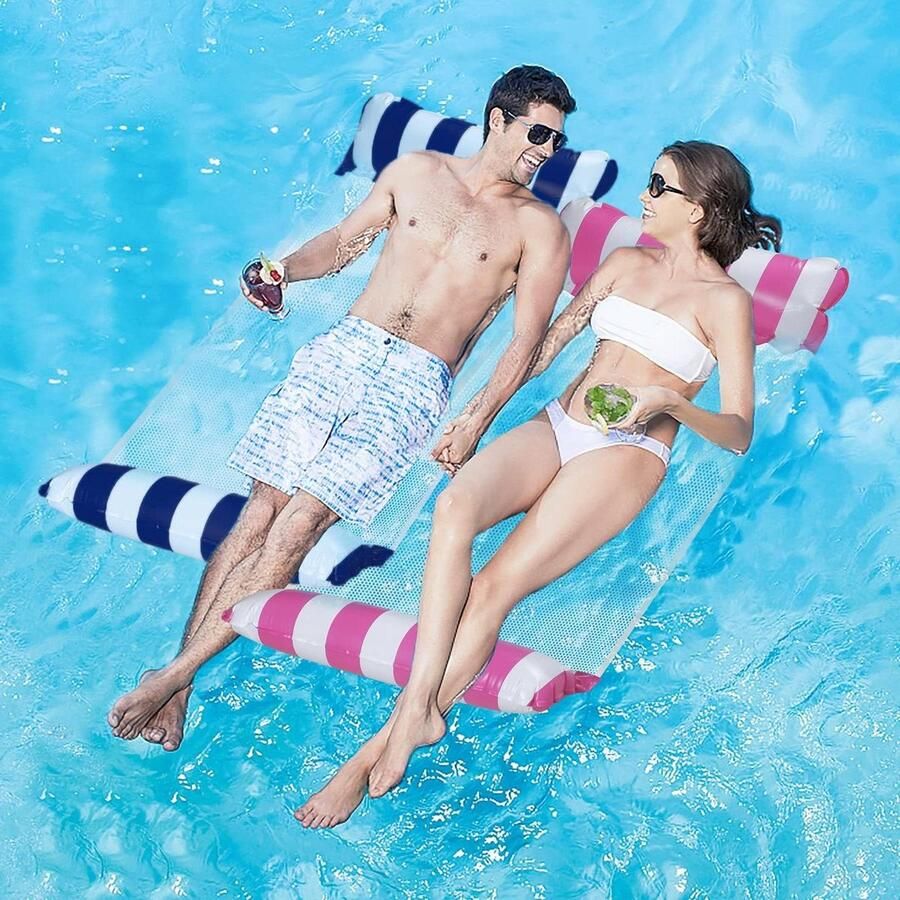 Waterhangmat voor zwembad en zee 2 stuks luchtkussen 4-in-1 opblaasbaar ligbed met luchtpomp Waterhangmat