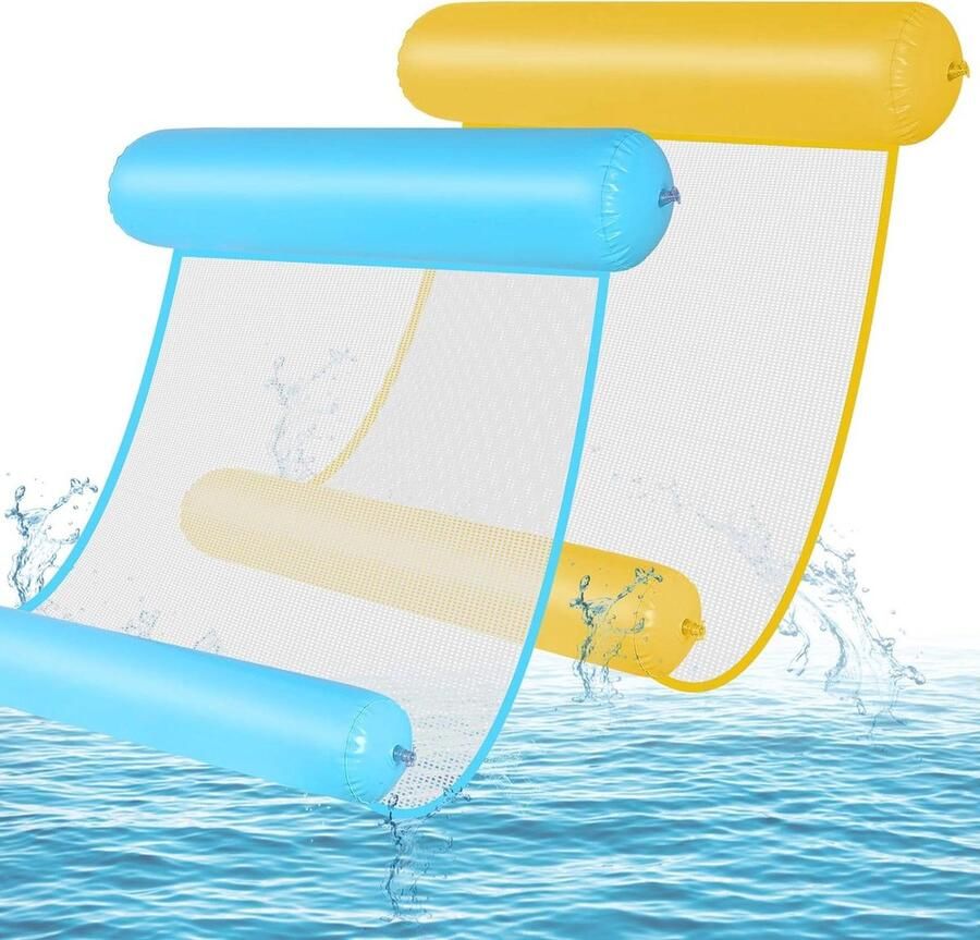Waterhangmat voor zwembad Opblaasbare luchtmatras voor volwassenen en kinderen 4-in-1 loungestoel Set van 2 stuks (blauw-geel) Waterhangmat