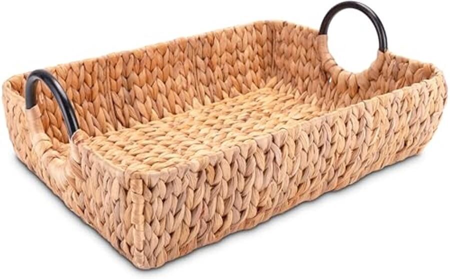 Waterhyacint Gevlochten Dienblad – Decoratief Rectangular Dienblad met Handgrepen – Natuurlijke Houten Tray voor Ontbijt of Poef – 50 x 35 x 12 cm