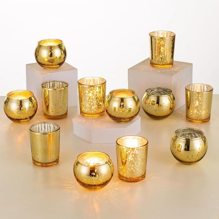 Waxinelichthouder Theelichthouder set van 12 glazen kandelaars gouden decoratie Kerstmis bruiloft woonkamer adventskrans tafeldecoratie votiefkaarsen kwik tafel Kandelaar