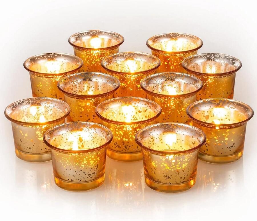 Waxinelichthouder Theelichthouder Kandelaars Set van 12 Glazen Bulk Kwik Goud Kaars Houder voor Drijvende Votiefkaarsen Tafel Centrepiece voor Bruiloft Partij Receptie Kerst Decoraties