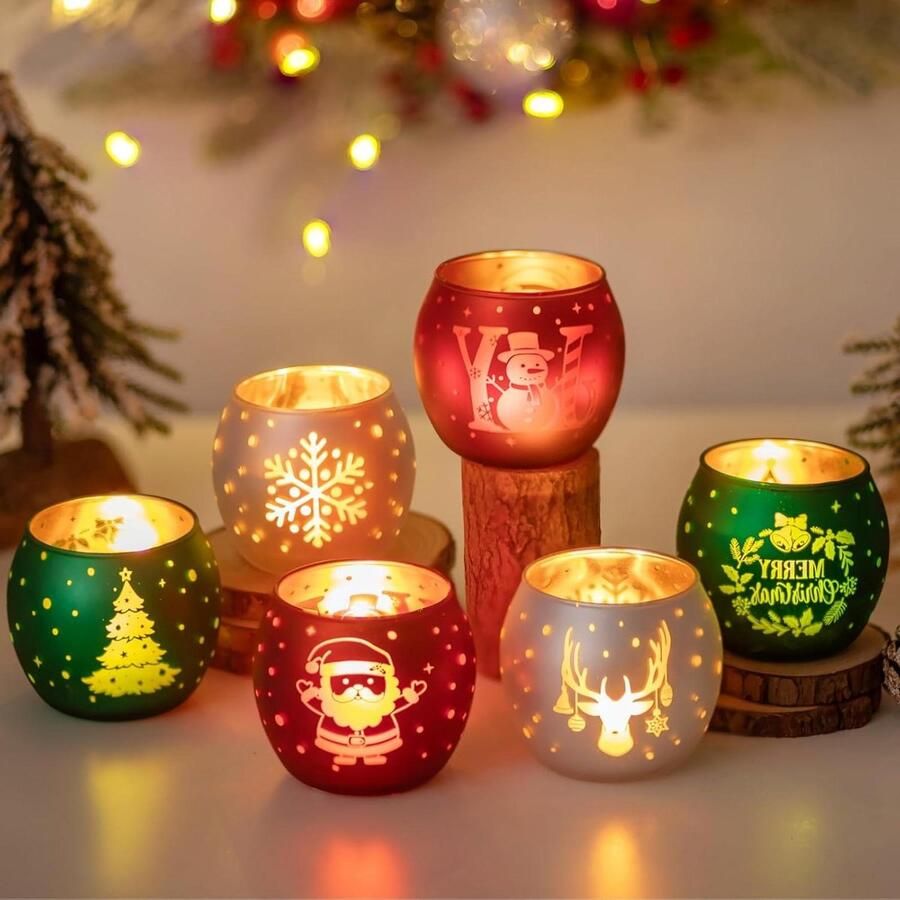 Waxinelichthouder Theelichthouder Set Van 6 Roodgroene Witte Kerstkaars Houder Frosted Votive Kaars Houder Voor Home Decor Xmas Tafel Decoratie Geschenken Kerst Theelichthouders