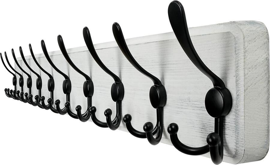 WEBI kapstok 98cm lange kapstokhaak wandkapstok met 10 drievoudige haken kapstokhaken wand kapstokhaak hout jashouder wand voor jassen zwart op wit