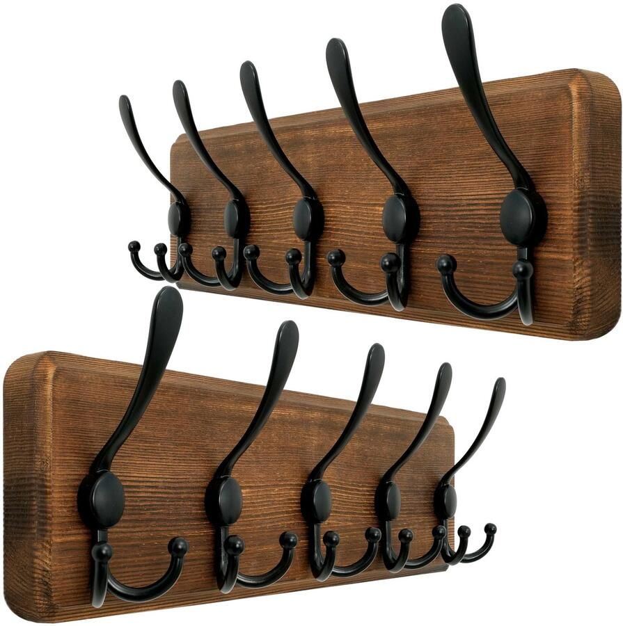 WEBI kapstok kapstokhaken met 5 drievoudige haken wandgemonteerde houten kapstok kapstokhaken haakrail kapstok wandgemonteerde jashouder voor jassen rustiek bruin 2 stuks