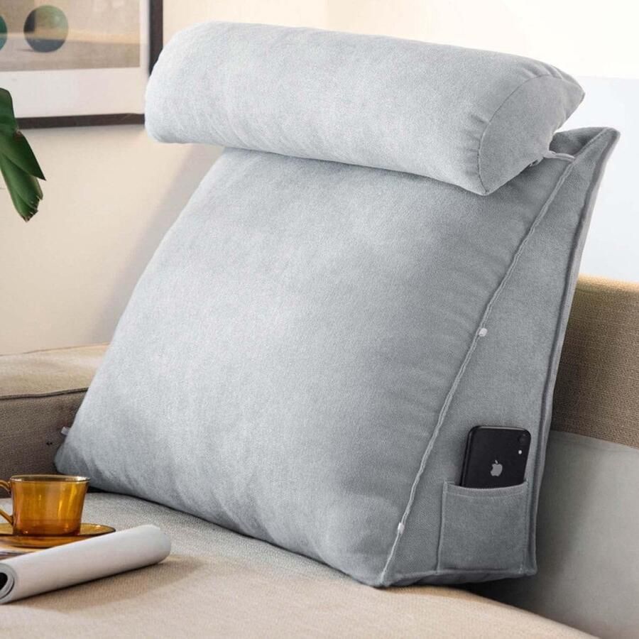 Driehoekig leeskussen met verstelbare nek- en rugsteun voor slaapbank (grijs)