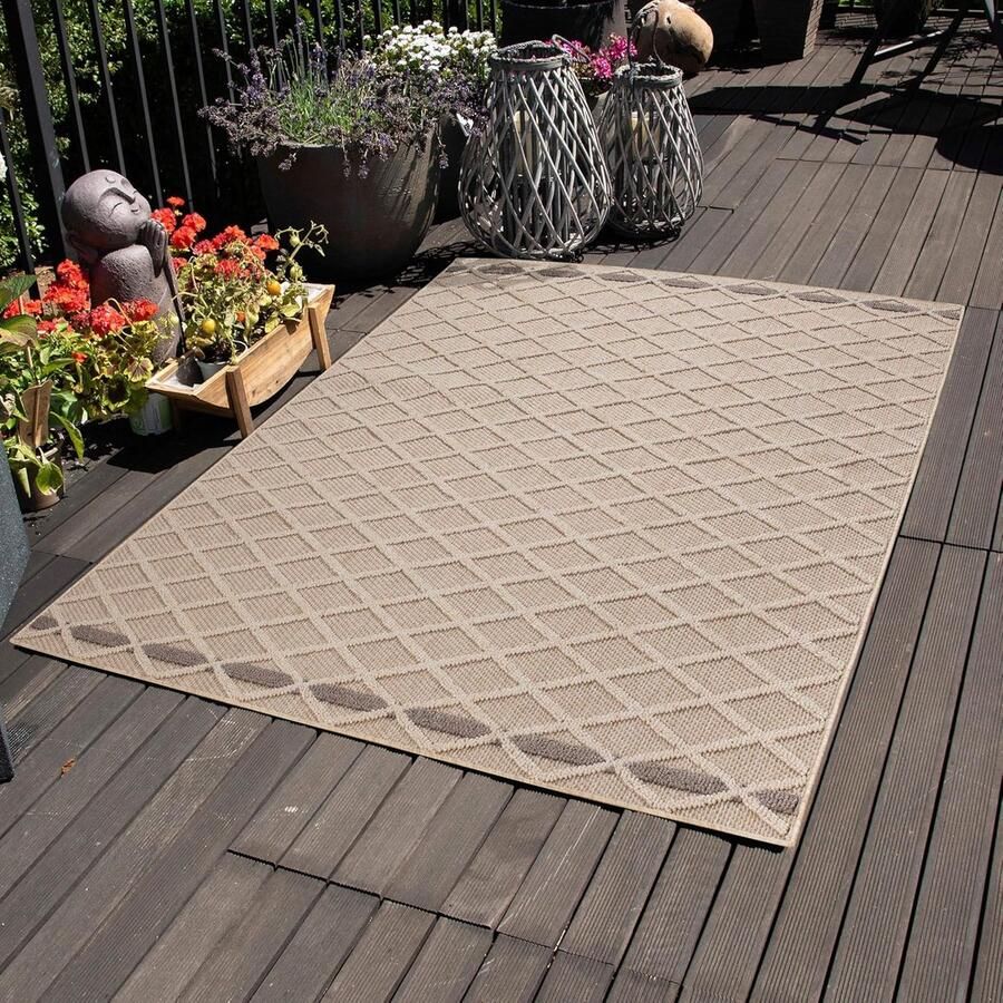 Weerbestendig binnen- en buitentapijt met ruitendesign in beige x 250 cm