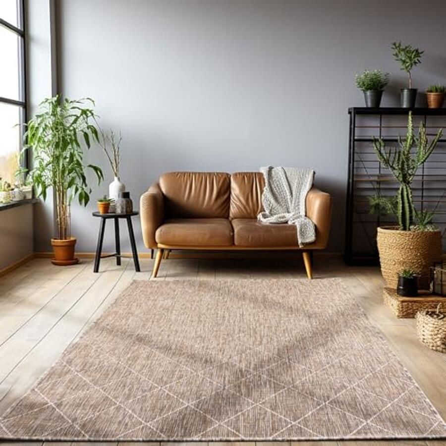 Weerbestendig Buiten Tapijt 140 x 200 cm Sisal-Look Beige Ruit Design voor Terras Tuin en Balkon